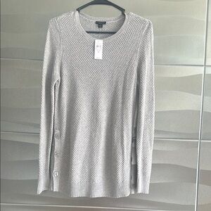 Ann Taylor Light Gray Textured Crewneck Sweater with Side Buttons